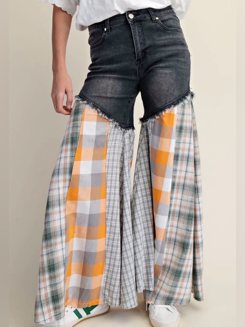 Easel Women’s Wide-Leg Patchwork Flannel Jeans - Orange Plaid